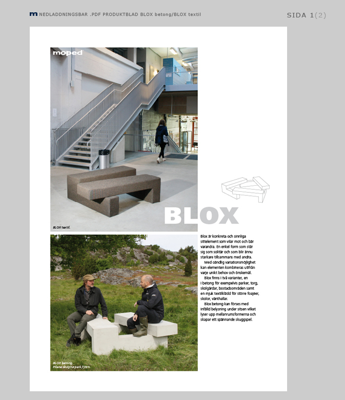 Blox betong och textil produktblad.
